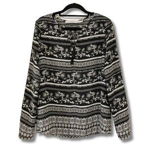 CONTEMPORAINE Black white sheer floral geometric print tie neck blouse XS SMALL